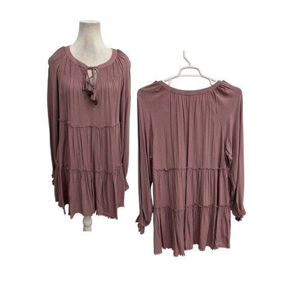Cato Dresses & Skirts - CATO XL Mauve Pink Tiered Boho Peasant Blouse Babydoll High Low Hem Top